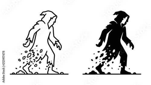 Bild auf Leinwand Mysterious Figure Dissolving: A shadowy figure cloaked in a tattered robe walks away, its form disintegrating into dust and fragments, creating an aura of mystery and transition