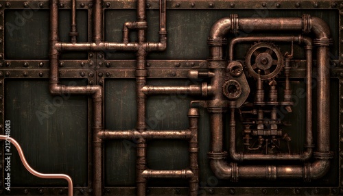 Intricate network of rusty metal pipes. Industrial plumbing system with oxidized copper tubes.