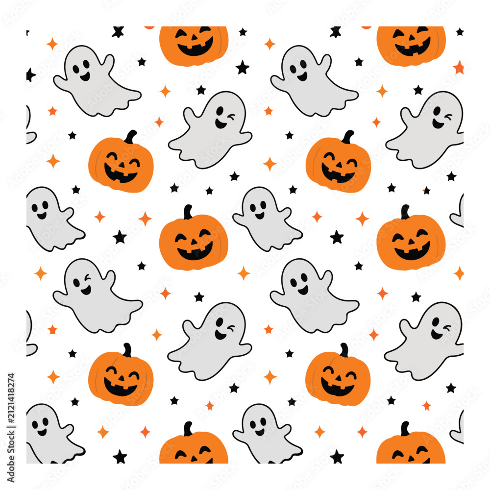 Fototapeta premium Seamless Halloween background featuring cute white ghosts, orange jack-o'-lanterns, and sparkling stars