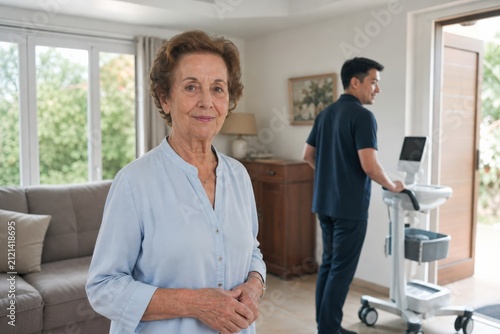 Acute Home Care Patient Standing Comfortably Her Restored Living Room