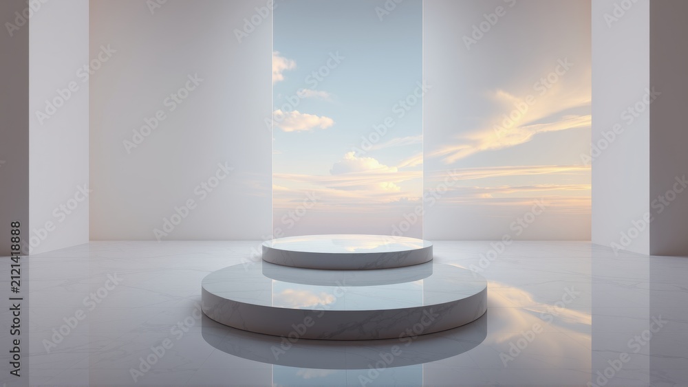 Fototapeta premium Minimalist room features circular platforms. Sky visible through opening. Reflective floor creates symmetrical visual effect. Calm, serene atmosphere.