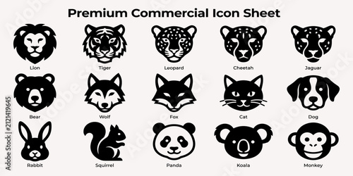 Canvas Print Vector illustration set featuring a collection of fifteen black and white animal
