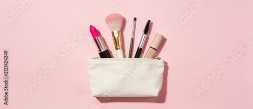 Minimalist makeup brushes and tools neatly arranged in a white pouch on soft pink background