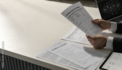 Business office document paper report compliance checklist risk assessment analysis calm professional scene with hands holding risk assessment paper and compliance checklist on office desk