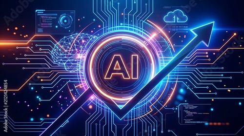 Artificial intelligence growth concept with rising arrow, AI neural network circuit board, digital technology business progress and innovation