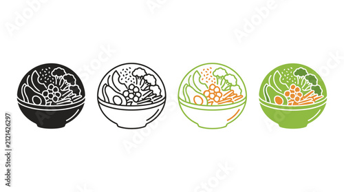Healthy Food Bowl Icons Set With Broccoli Avocado And Grains