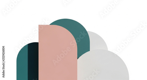 Modern Abstract Shapes, Minimalist Composition with Pink, Green, and Black Geometric Forms on White Background