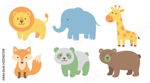 Canvas Print Set of cute cartoon wild animals isolated on a white background.