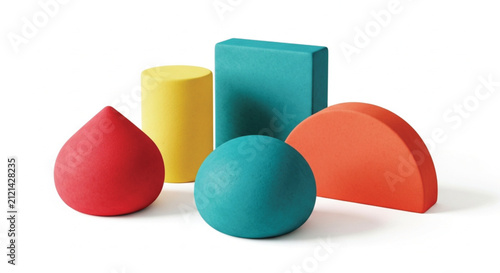 Modern Geometric Shapes: Red Drop, Yellow Cylinder, Green Sphere - Clean Design Isolated