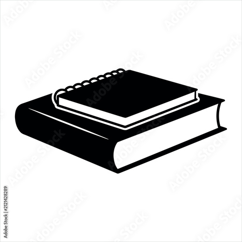 Bild auf Leinwand Simple black vector silhouette of a thin notebook laying crosswise over a thick book, flat icon, white background