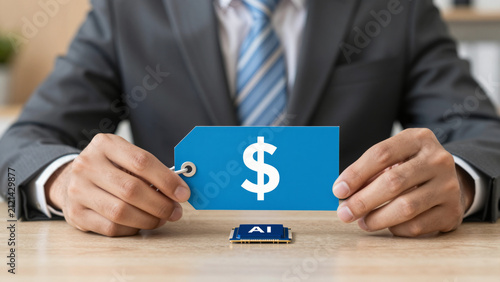 AI Cost vs Value Comparison – Businessman Holding Price Tag and AI Chip on Desk for ROI Analysis, Innovation Budgeting, and Digital Transformation Content