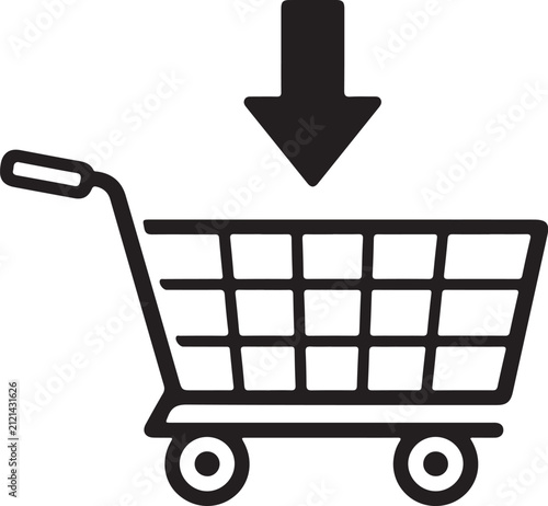 Online Shopping Cart Icon with Down Arrow for Retail Checkout Purchase