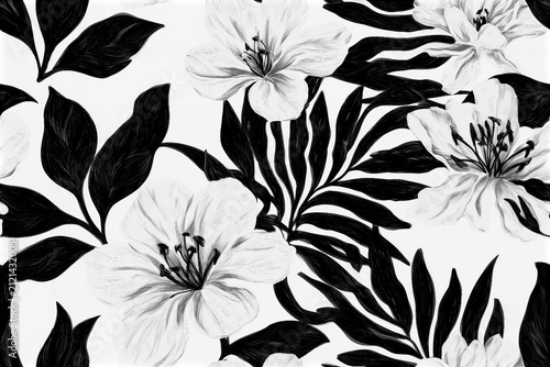Hand drawn tropical forest flowers, black and white seamless pattern background vector illustration

