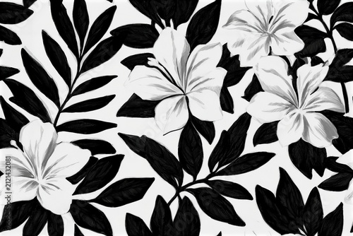 Hand drawn tropical forest flowers, black and white seamless pattern background vector illustration
