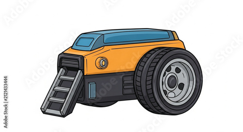 Stylized illustration of a futuristic train or vehicle with an open boarding ramp, featuring bold solid colors and clean lines.