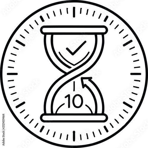 Hourglass Countdown Line Icon with 10 Minute Timer, Time Management Vector Illustration
