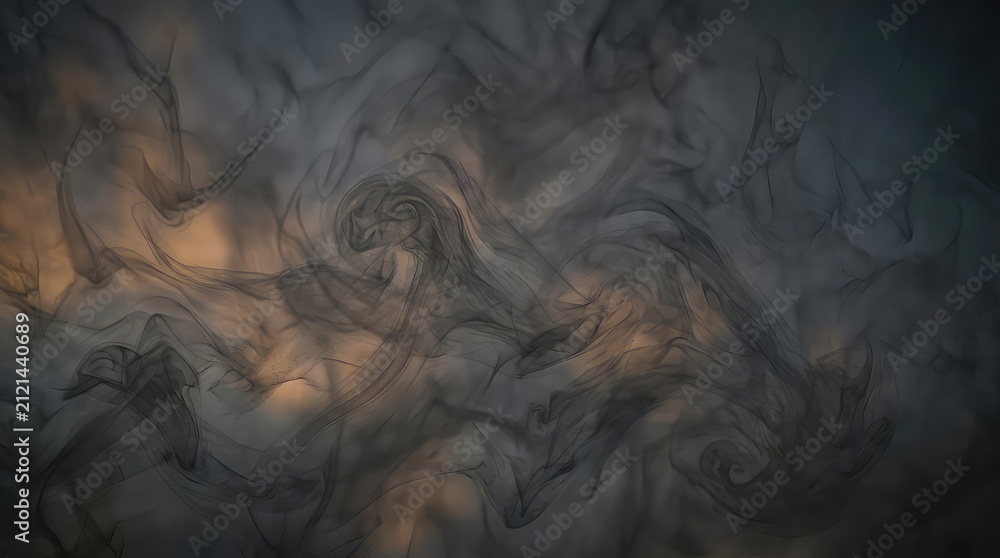 Obraz premium Black smoke swirls on dark background. Abstract ink clouds flowing in moody atmosphere.