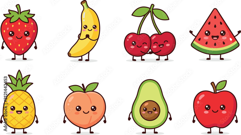 Fototapeta premium Cute Kawaii Fruit Character Set with Strawberry Banana Cherries Watermelon Pineapple Peach Avocado and Apple