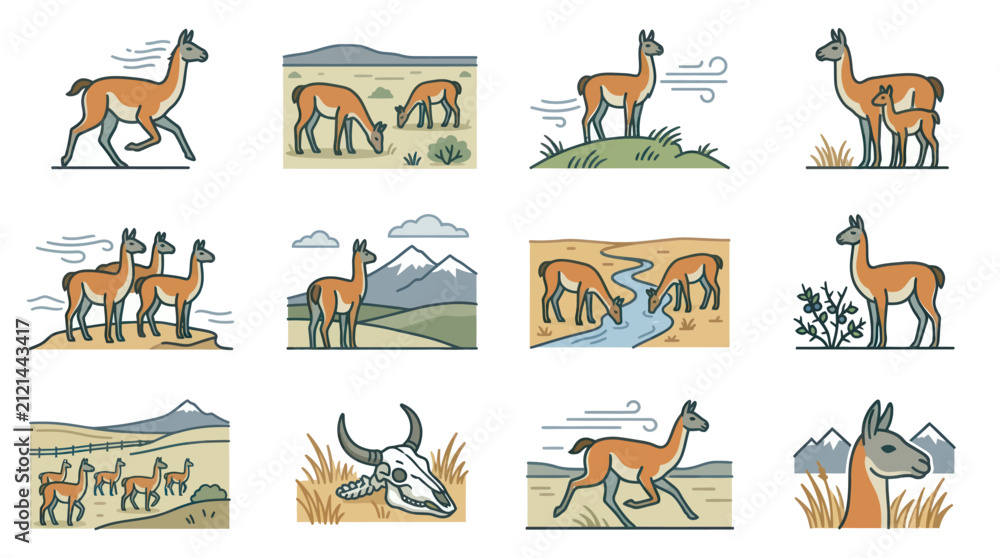 Fototapeta premium Pixel Art Guanaco Herd Grazing in Andean Landscape with Mountains and River - Vector Illustration