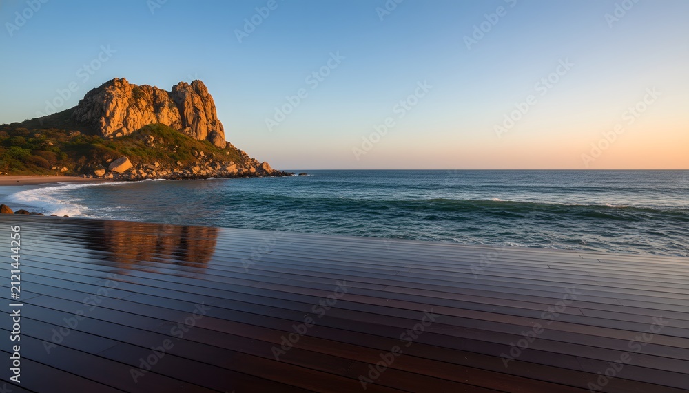 Obraz premium Wooden terrace deck platform overlooking the serene ocean coast and rocky mountain in Visakhapatnam for a peaceful travel vacation and luxury beach resort concept