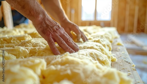 Hands of worker installing yellow mineral wool insulation.