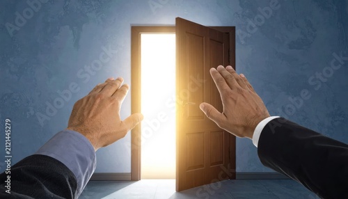 Hands opening door to bright light and opportunities.
