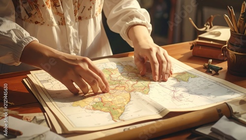 Hands pointing at vintage map for travel planning exploration.