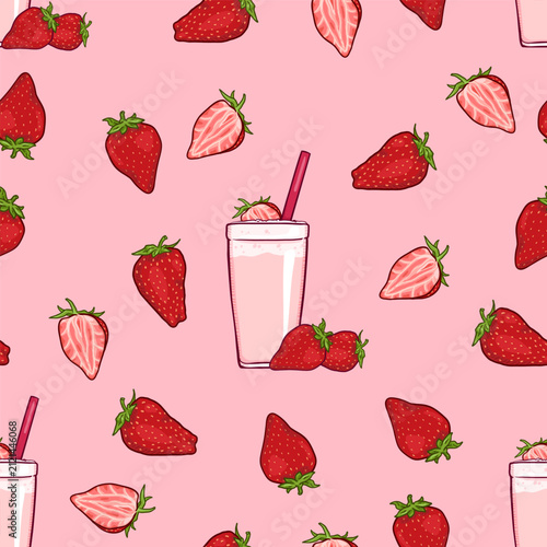 Vector Seamless Pattern of Strawberry Milkshake