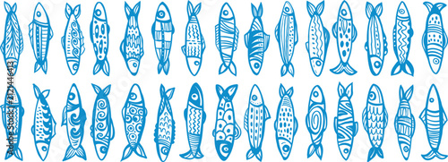 Decorative sardine fish collection with hand drawn ornamental patterns in modern vector style