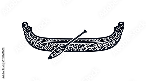 Decorative Polynesian Canoe with Ornate Tribal Carving Pattern.