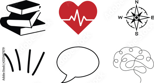 Stack of library books medical heart beat pulse nautical compass speed lines empty speech bubble and line art brain icon set bundle