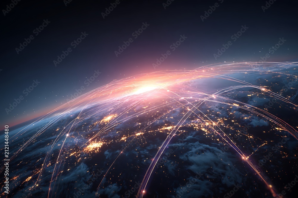 Fototapeta premium Global telecommunication network, nodes connected around earth, internet, worldwide communication