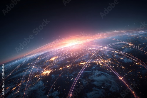 Global telecommunication network, nodes connected around earth, internet, worldwide communication