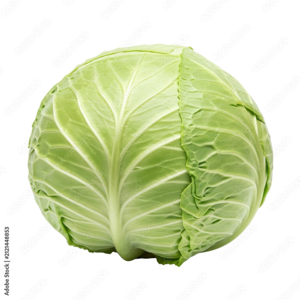 Fototapeta premium A vibrant, high-resolution close-up of a fresh green cabbage with perfect texture and natural imperfections against a clean white background