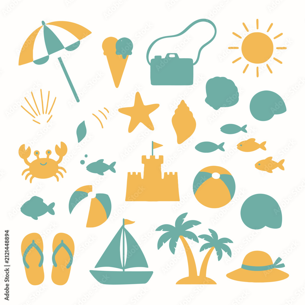 Fototapeta premium Colorful Summer Beach Icon Set Featuring Umbrellas Palm Trees Boats.