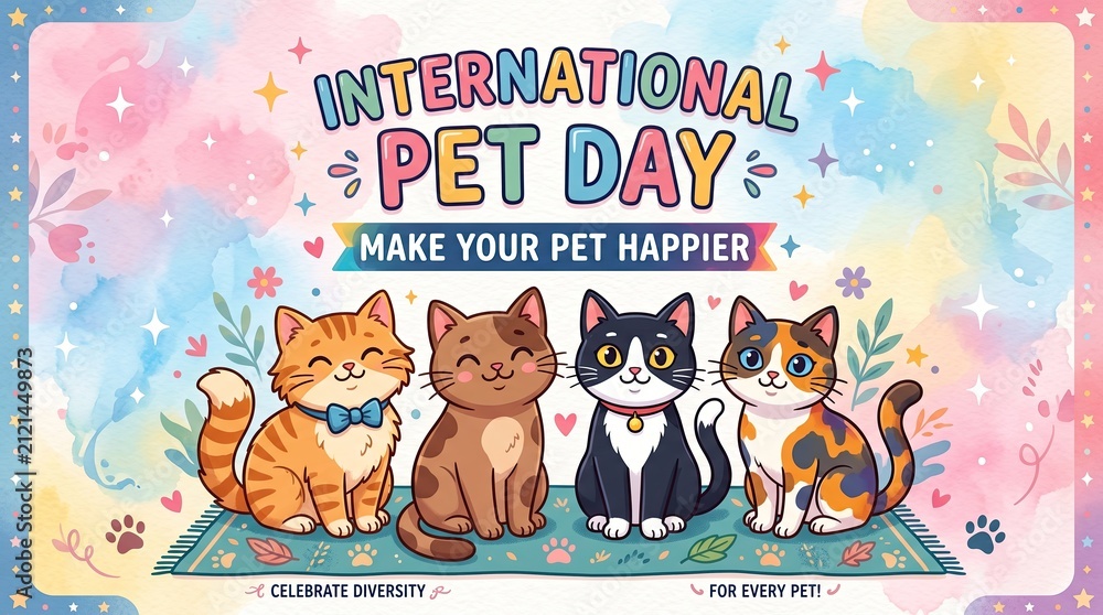 Fototapeta premium International pet day group of diverse cute pets cats standing together make your pet happy banner vector illustration