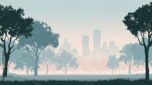 Foggy morning city park landscape urban skyline misty trees green grass tranquil atmosphere soft light nature scene modern city environmental concept serene mood Foggy morning city park landscape