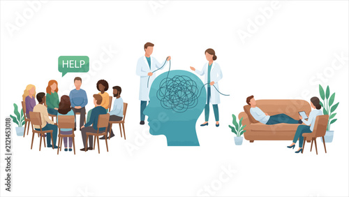Psychotherapy Session Collection. Upset People Visiting Psychologist for Depression, Anxiety, Stress, Emotional Problems, Mental Health Counseling, and Psychological Support Flat Vector Illustration S