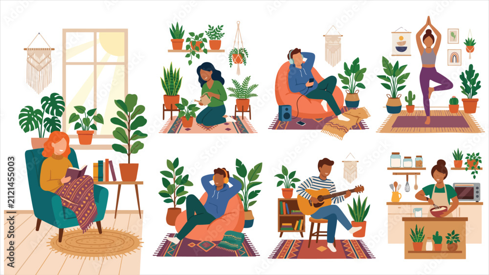 Fototapeta premium Remote Work Office Employee Collection. Man Working on Laptop and Computer with Cat and Dog in Home Office Flat Vector Set.