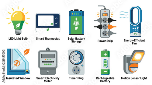 Energy Saving Technology Icons for Sustainable Living
