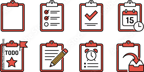 Foto Set of clipboard icons with various task management symbols