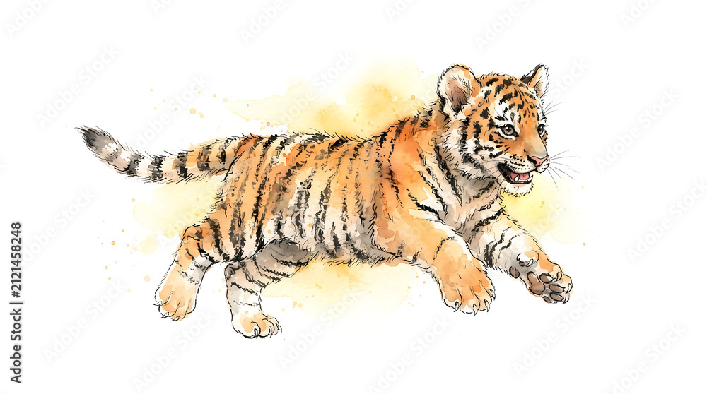Obraz premium watercolour hand drawn illustration image of tiger on white background.