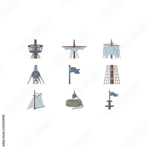 Bild auf Leinwand Vector Illustration Set of 9 Nautical Ship Mast Elements, Including Crow's Nest,