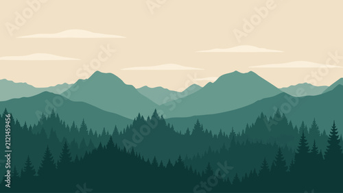 Flat minimalist green mountain landscape illustration with pine forest at dawn