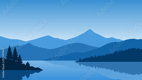 Flat minimalist blue mountain and lake landscape illustration with pine forest reflection