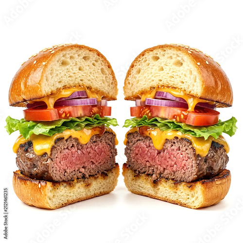 Cheeseburger Cross Section Juicy Interior Isolated White - Generative AI