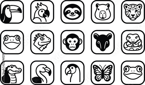 Photography Set of fifteen hand drawn black and white icons featuring each unique animal fac