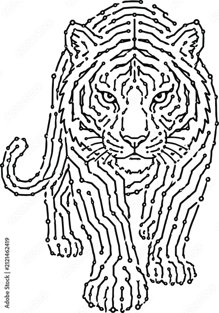 Fototapeta premium Tiger Circuit Board Line Art, Digital Wildlife Technology Logo and Futuristic Animal Vector