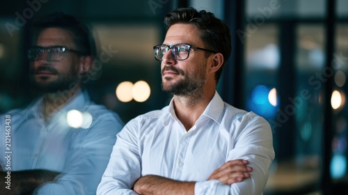 A man in a white shirt, standing in a dimly lit office with his arms crossed, looking contemplative.