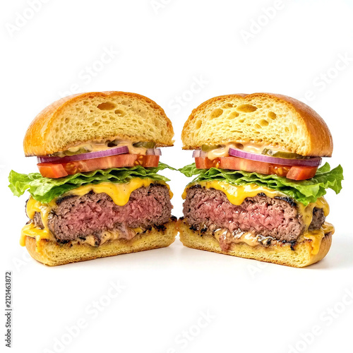 Cheeseburger Cross Section Juicy Interior Isolated White - Generative AI